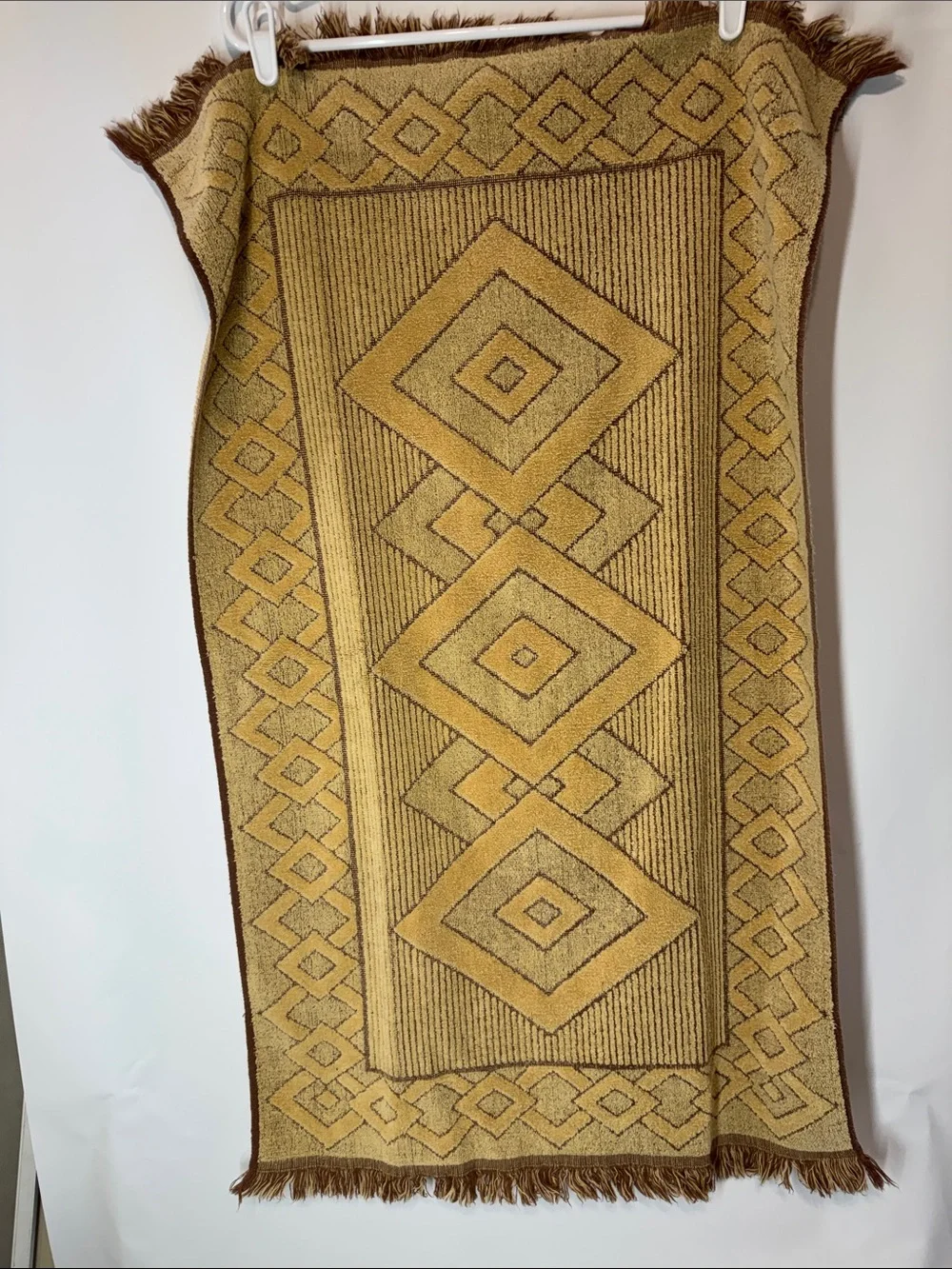Vtg Dundee 3 Pc Towel Set Southwestern Aztec Geometric Beige Brown Fringe MCM US